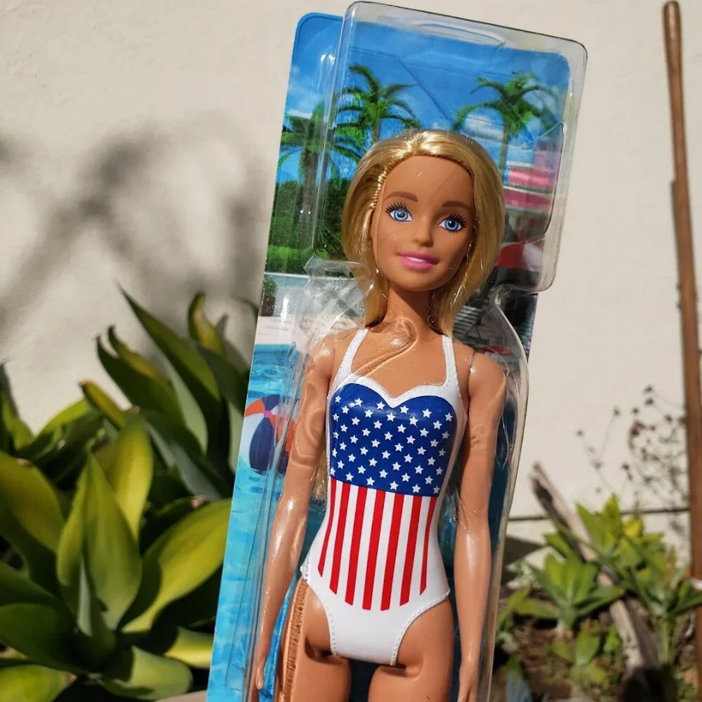 NEW Barbie Beach Doll Blonde Hair USA Flag Swimsuit Easter Basket gift stocking